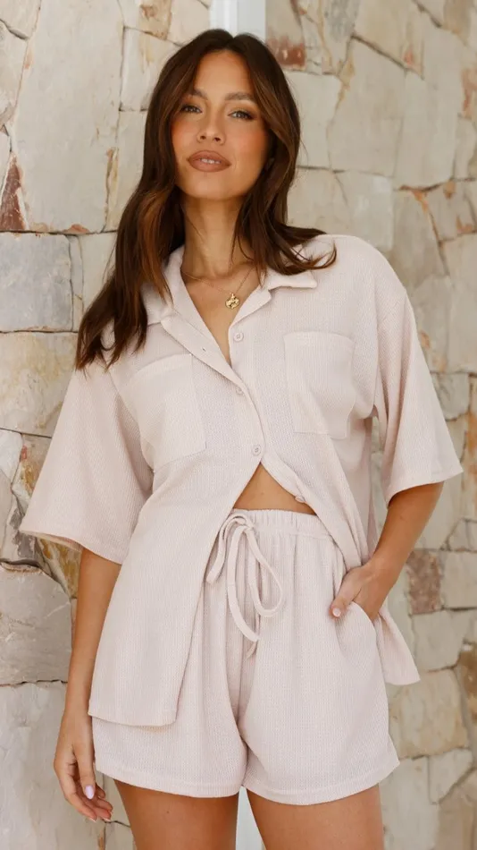 Billy J Tops Women Machiko Button Up Shirt And Shorts Set 8211 Beige Waffle Knit
