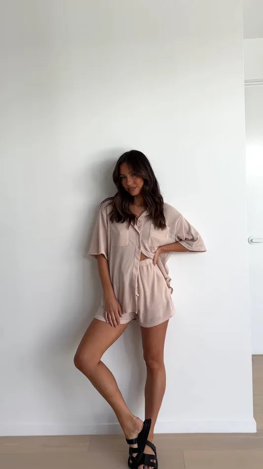 Billy J Tops Women Machiko Button Up Shirt And Shorts Set 8211 Beige Waffle Knit