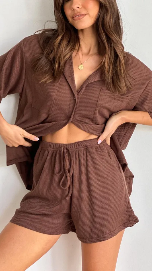 Billy J Tops Women Machiko Button Up Shirt And Shorts Set 8211 Brown Waffle Knit