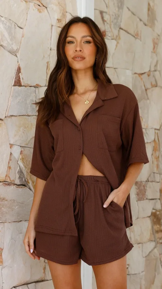 Billy J Tops Women Machiko Button Up Shirt And Shorts Set 8211 Brown Waffle Knit