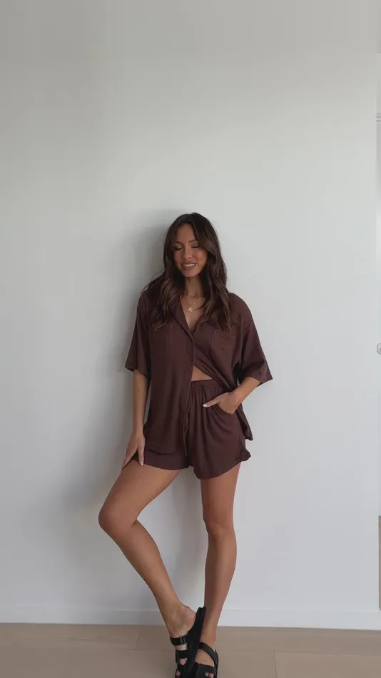 Billy J Tops Women Machiko Button Up Shirt And Shorts Set 8211 Brown Waffle Knit