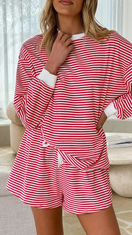 Billy J Tops Women Rahmi Long Sleeve Top And Shorts Set 8211 Red White Stripe