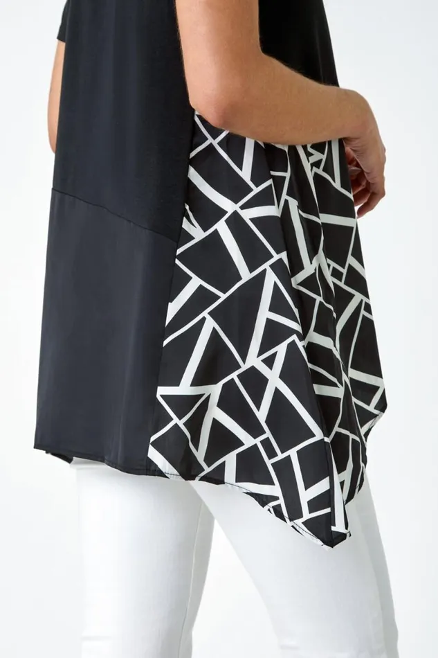 Black Abstract Print Panelled Stretch Tunic Top Women Roman Tops