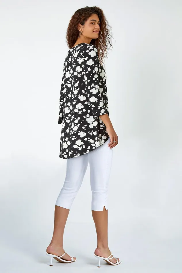 Black Abstract Print Zip Detail VNeck Stretch Top Women Roman Tops