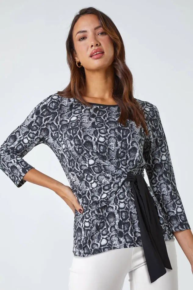 Black Animal Print Side Tie Stretch Top Women Roman Tops