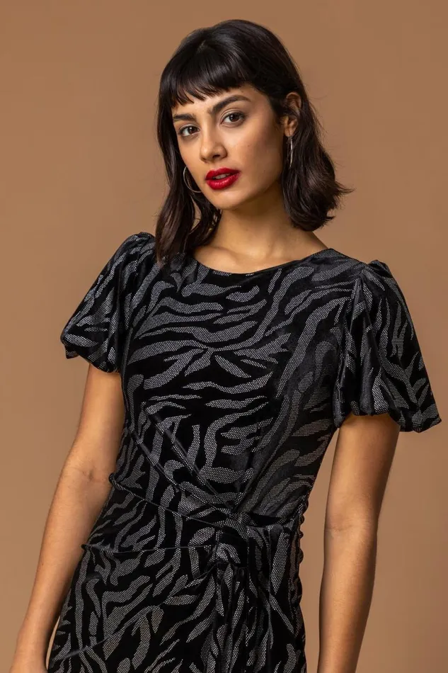 Black Animal Print Velvet Dress Women Roman Dresses