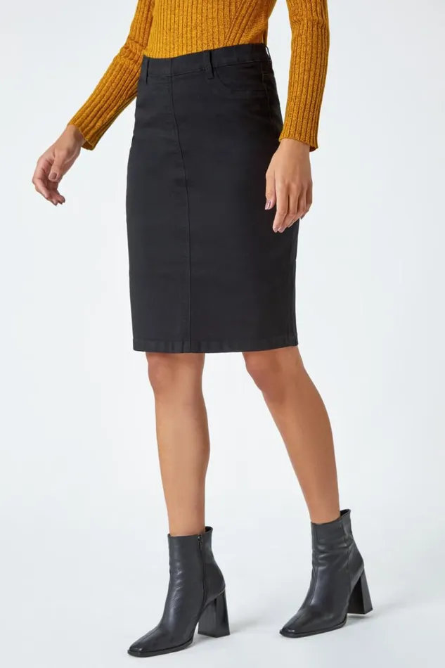 Black Cotton Denim Stretch Skirt Women Roman Skirts