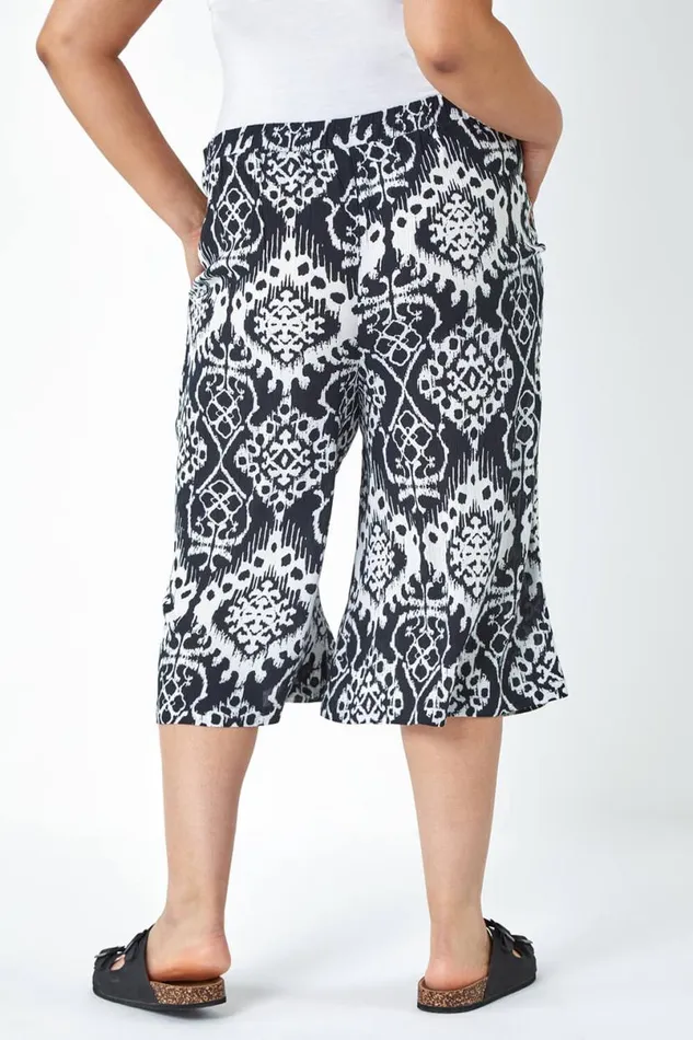 Black Curve Aztec Print Crinkle Cropped Culottes Women Roman Trousers