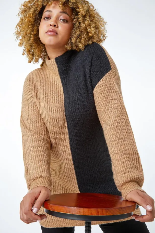 Black Curve Colourblock High Neck Longline Jumper Women Roman Knitwear