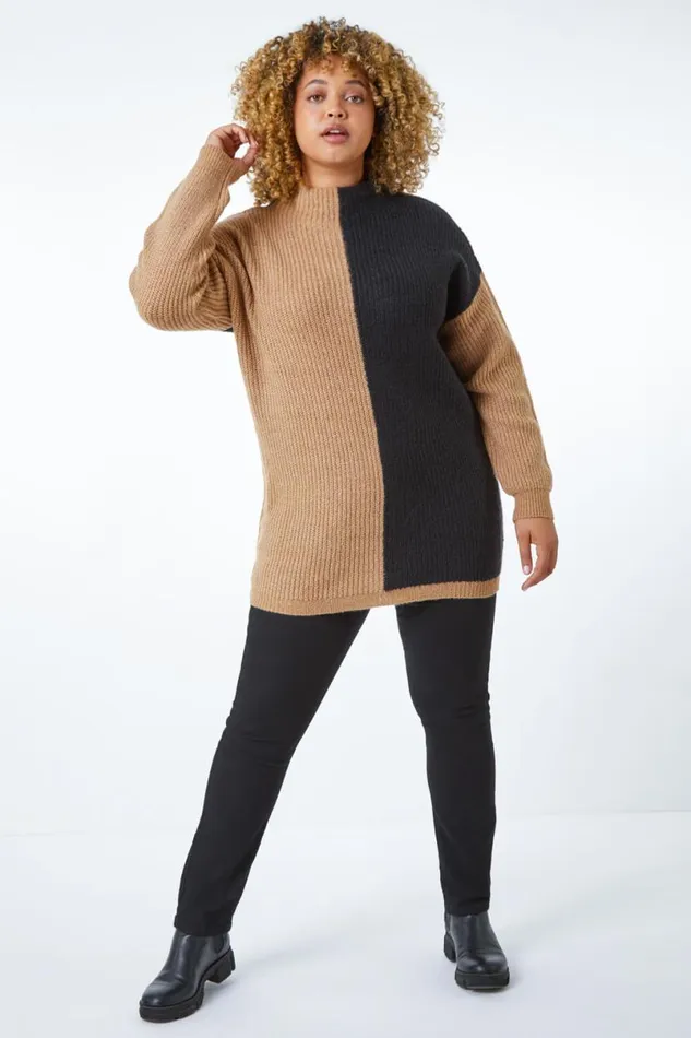 Black Curve Colourblock High Neck Longline Jumper Women Roman Knitwear