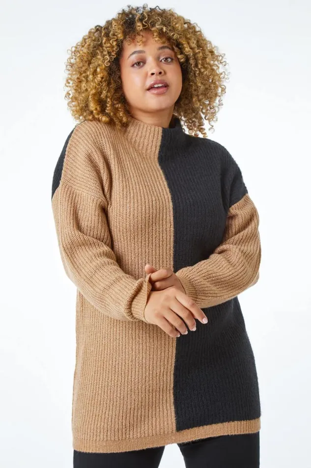Black Curve Colourblock High Neck Longline Jumper Women Roman Knitwear