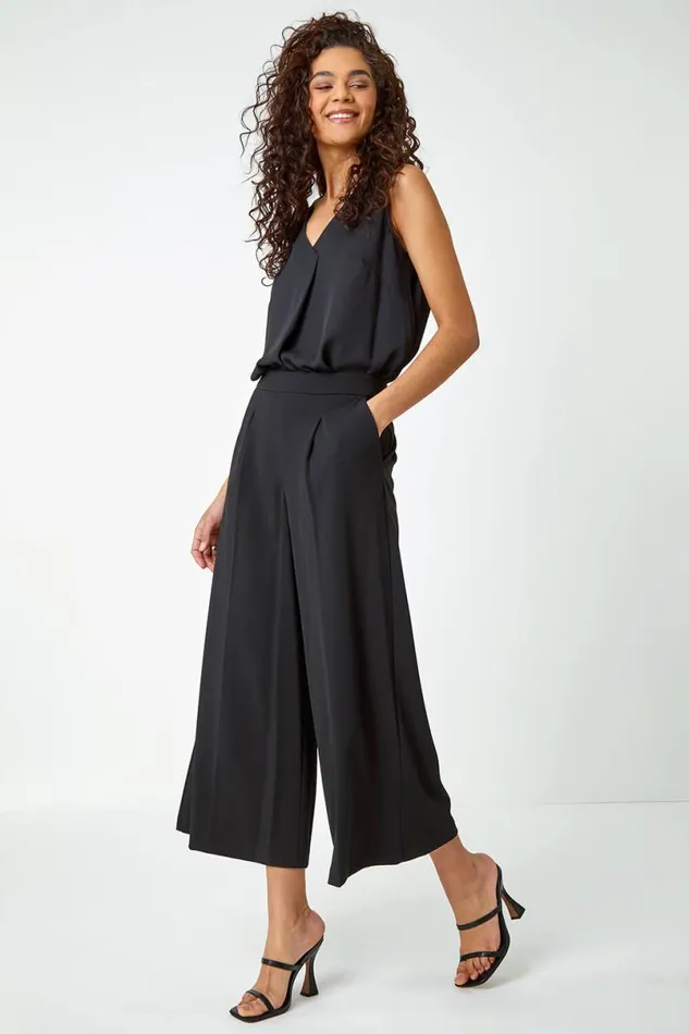 Black Elastic Waist Wide Leg Cropped Culottes Women Roman Occasionwear