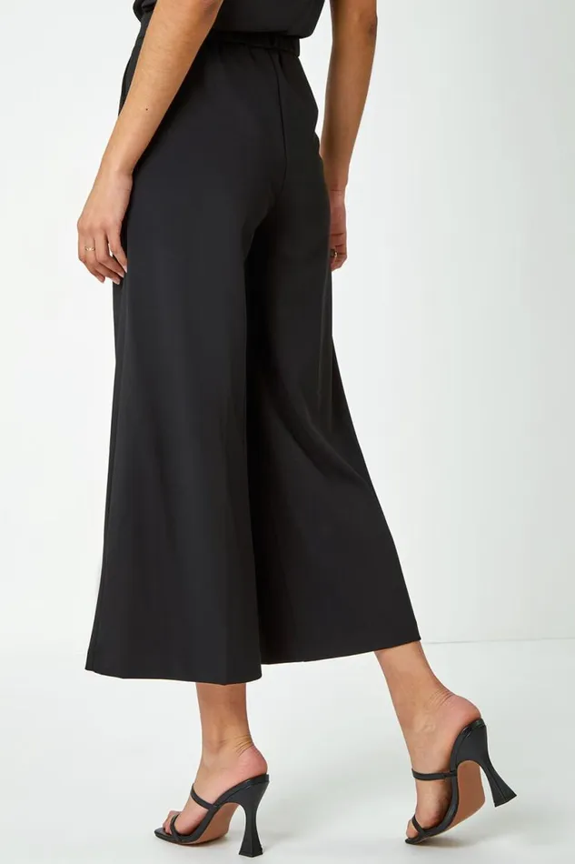 Black Elastic Waist Wide Leg Cropped Culottes Women Roman Occasionwear