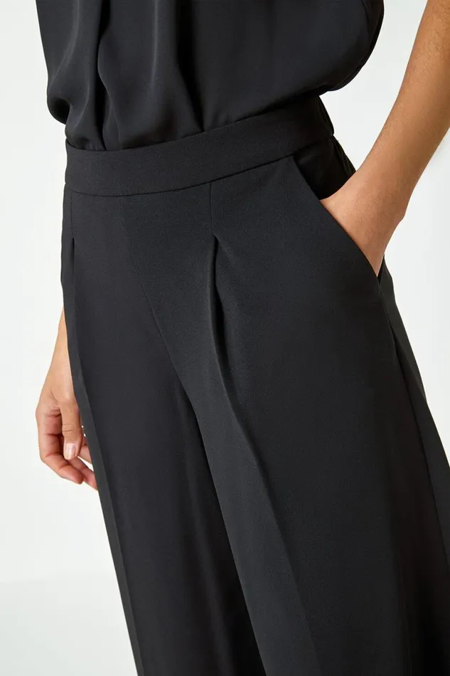 Black Elastic Waist Wide Leg Cropped Culottes Women Roman Occasionwear