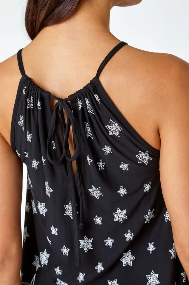 Black Floral Border Print Halterneck Top Women Roman Tops