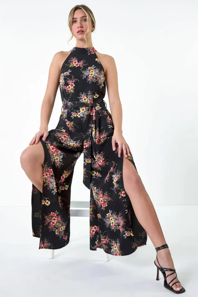 Black Floral Halter Neck Side Split Jumpsuit Women Roman Dresses