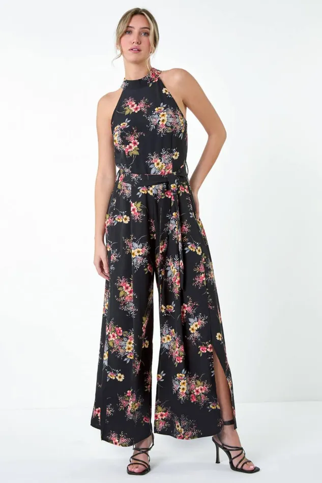Black Floral Halter Neck Side Split Jumpsuit Women Roman Dresses