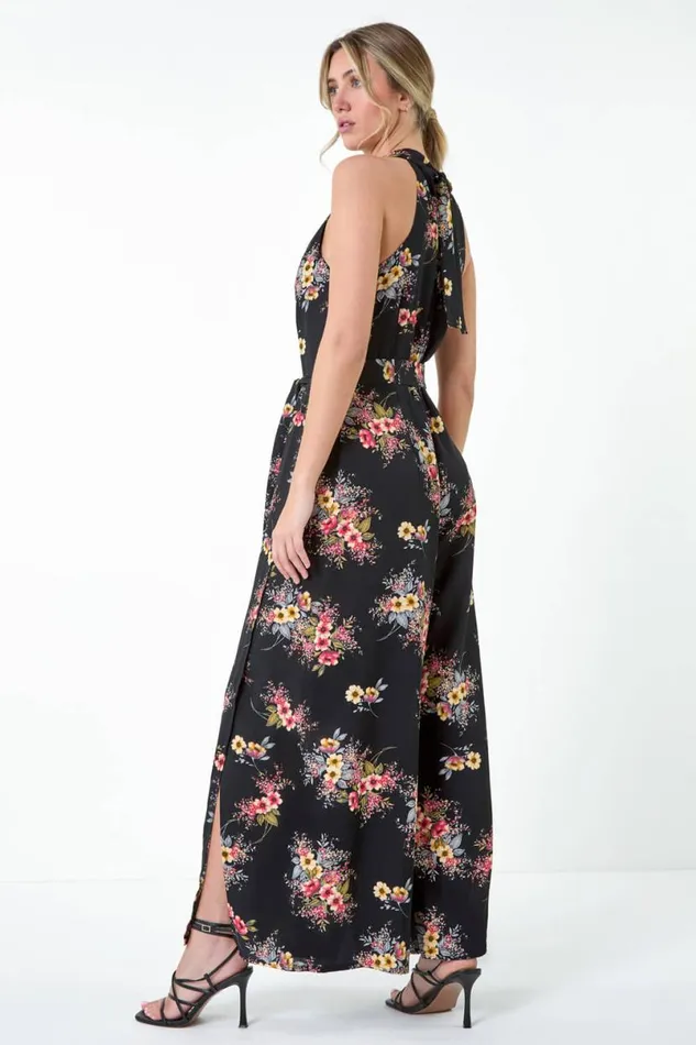 Black Floral Halter Neck Side Split Jumpsuit Women Roman Dresses
