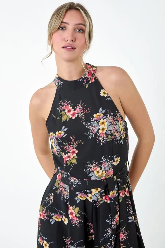 Black Floral Halter Neck Side Split Jumpsuit Women Roman Dresses