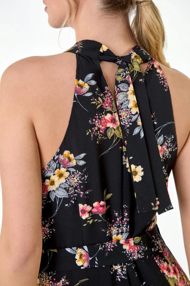 Black Floral Halter Neck Side Split Jumpsuit Women Roman Dresses