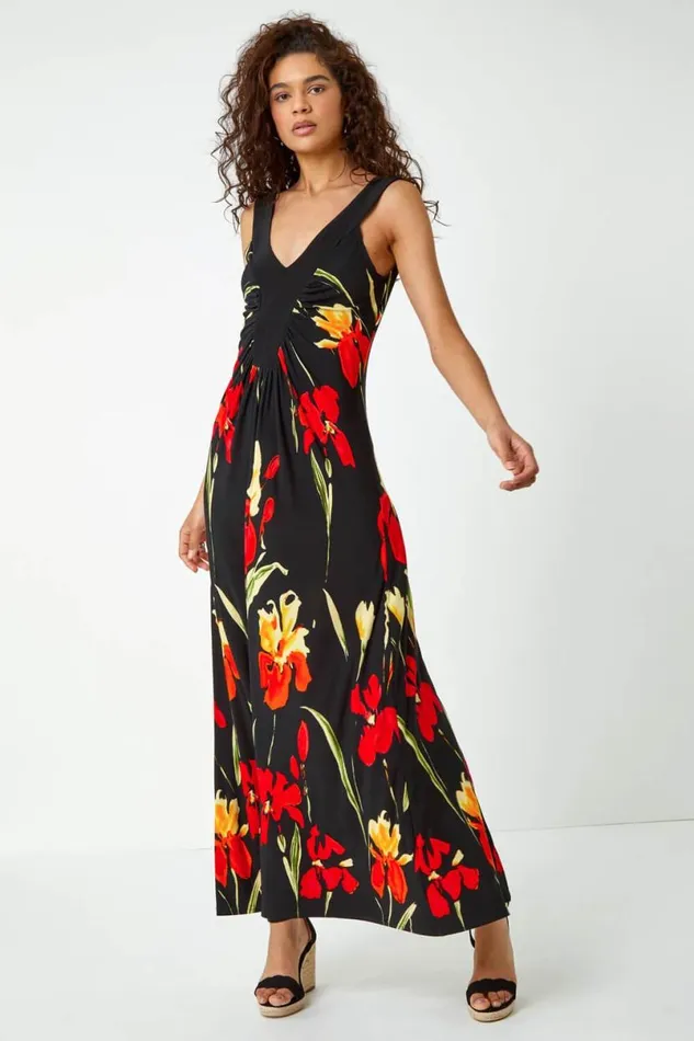 Black Floral Stretch Jersey Maxi Dress Women Roman Dresses