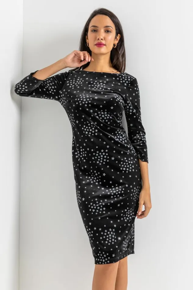 Black Glitter Star Print Velvet Dress Women Roman Dresses