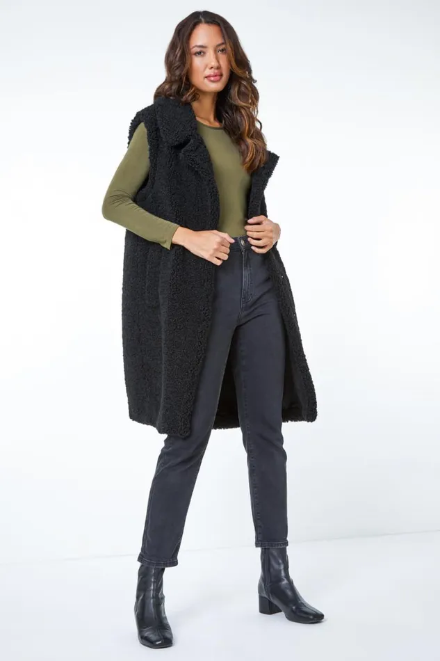 Black Longline Faux Fur Teddy Gilet Women Roman Coats