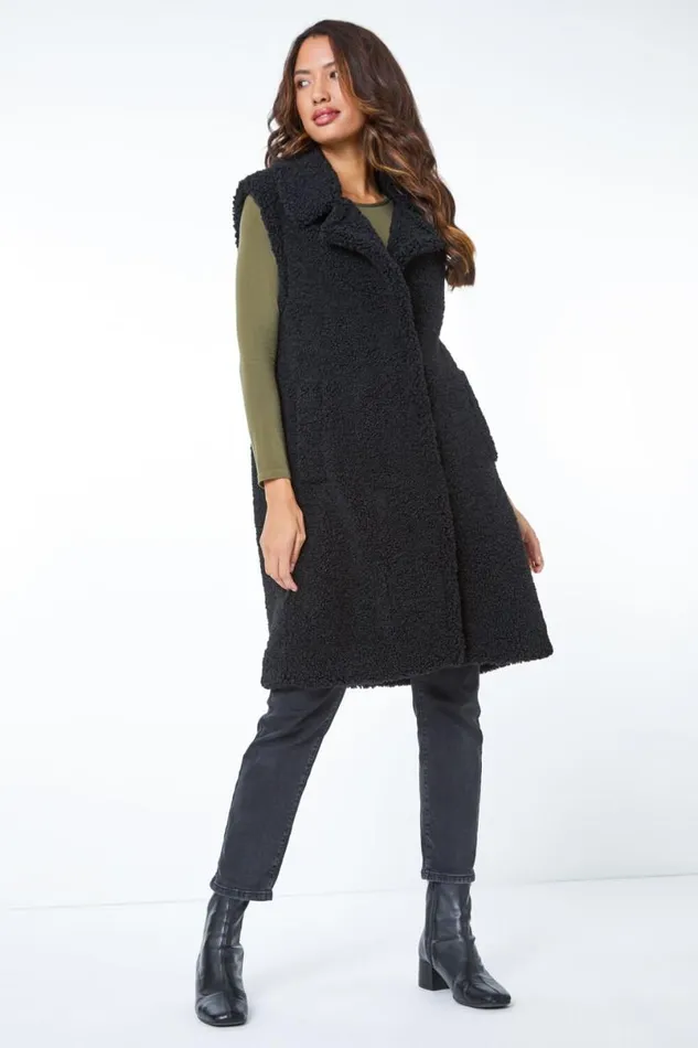 Black Longline Faux Fur Teddy Gilet Women Roman Coats