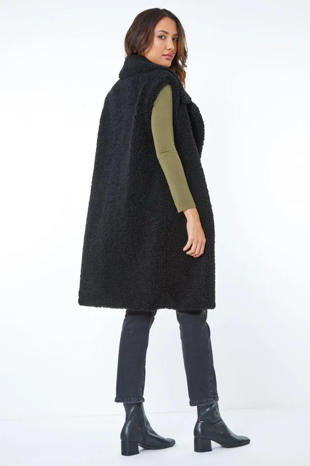 Black Longline Faux Fur Teddy Gilet Women Roman Coats