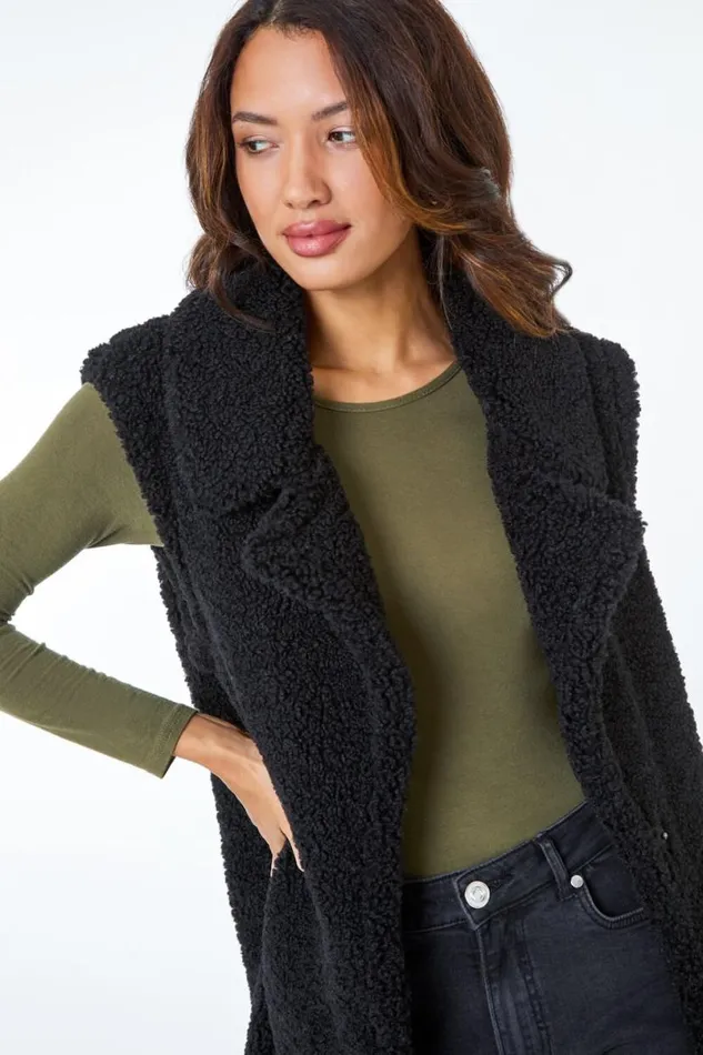 Black Longline Faux Fur Teddy Gilet Women Roman Coats