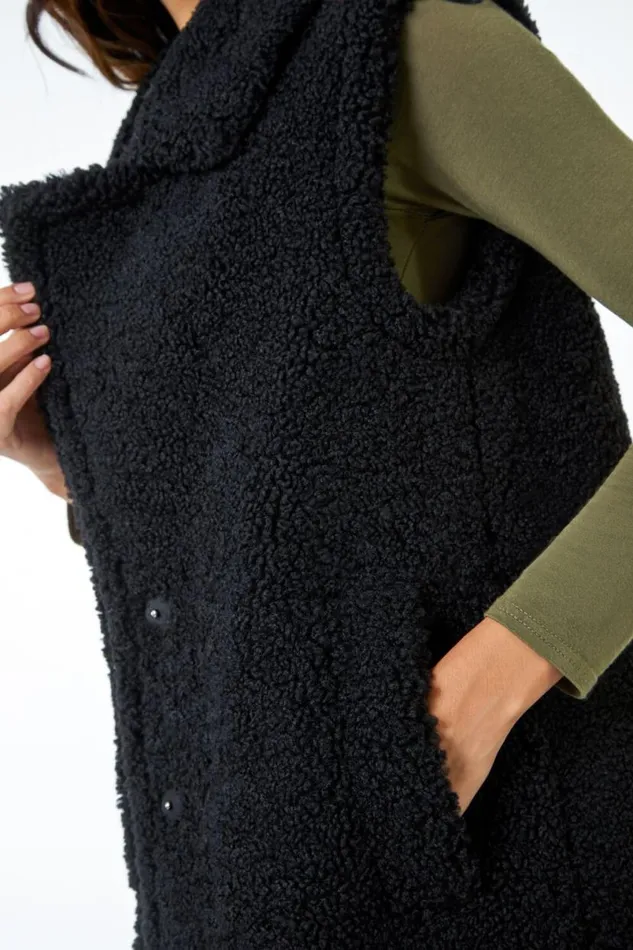 Black Longline Faux Fur Teddy Gilet Women Roman Coats