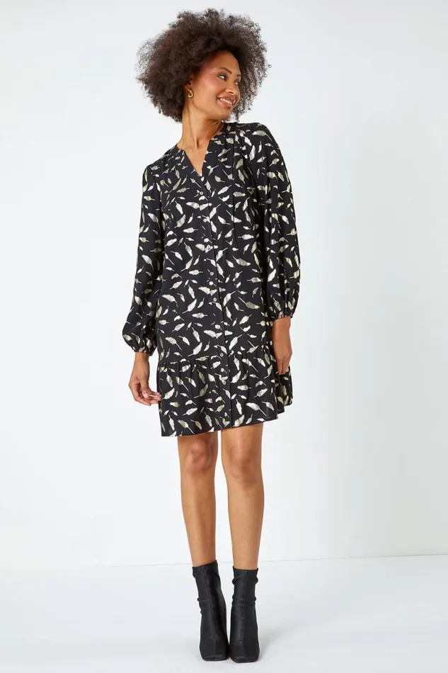 Black Metallic Feather Print Shirt Dress Women Roman Dresses
