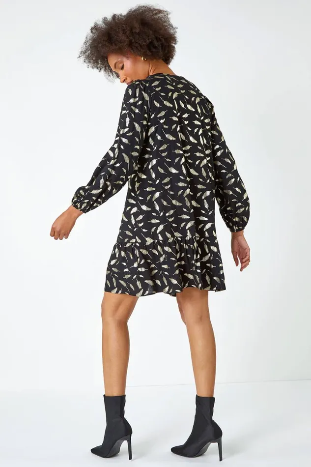 Black Metallic Feather Print Shirt Dress Women Roman Dresses