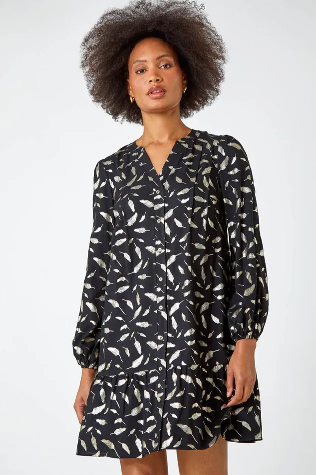 Black Metallic Feather Print Shirt Dress Women Roman Dresses