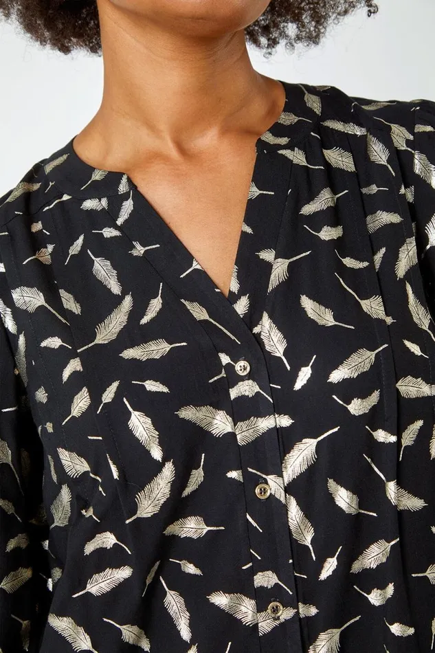 Black Metallic Feather Print Shirt Dress Women Roman Dresses