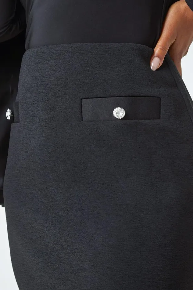 Black Petite Diamante Button Stretch A Line Skirt Women Roman Skirts