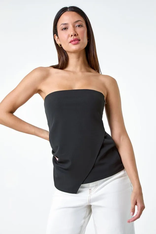 Black Plain Asymmetric Zip Detail Bandeau Top Women Roman Tops
