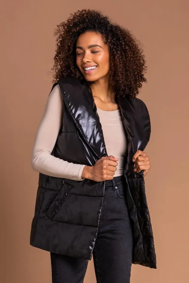 Black Quilted Collared Gilet Women Roman Coats