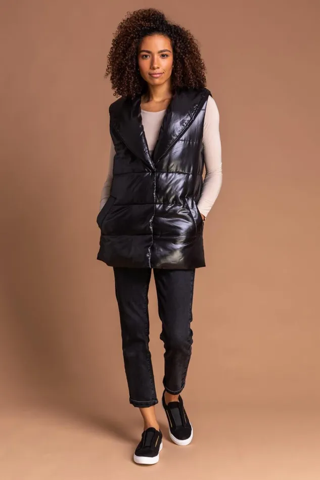 Black Quilted Collared Gilet Women Roman Coats