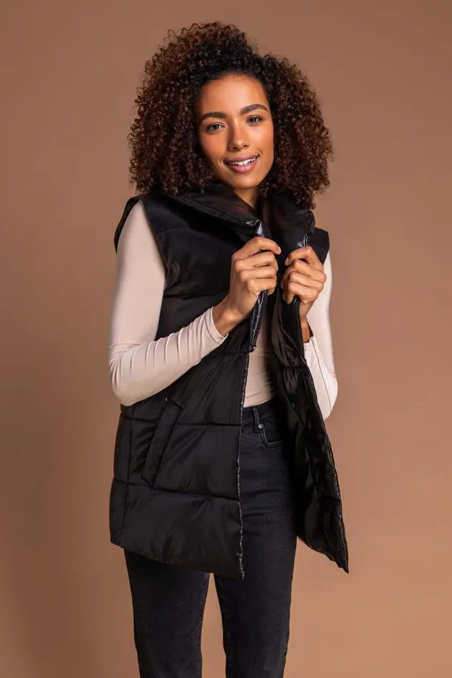 Black Quilted Collared Gilet Women Roman Coats