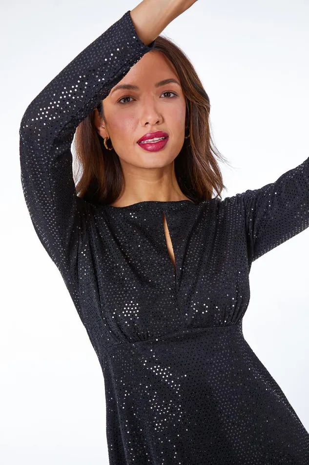 Black Sequin Keyhole Detail Ruched Midi Dress Women Roman Dresses