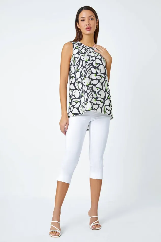 Black Sleeveless Abstract Print Pleated Top Women Roman Tops