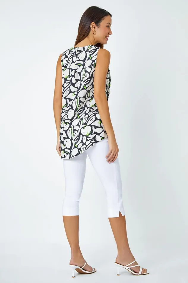 Black Sleeveless Abstract Print Pleated Top Women Roman Tops