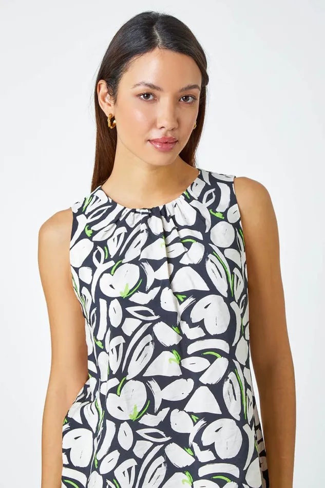 Black Sleeveless Abstract Print Pleated Top Women Roman Tops