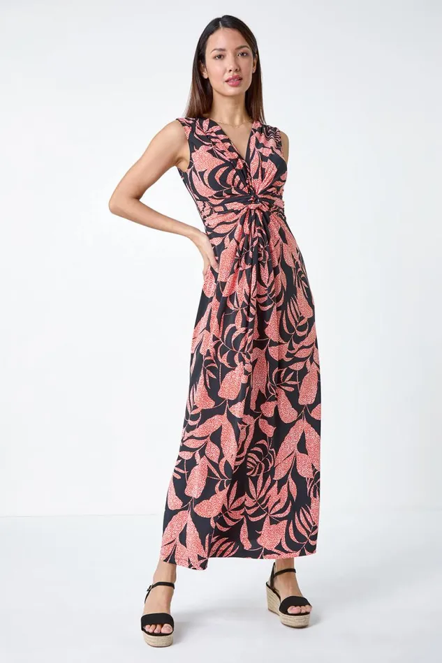 Black Sleeveless Floral Print Maxi Stretch Dress Women Roman Dresses