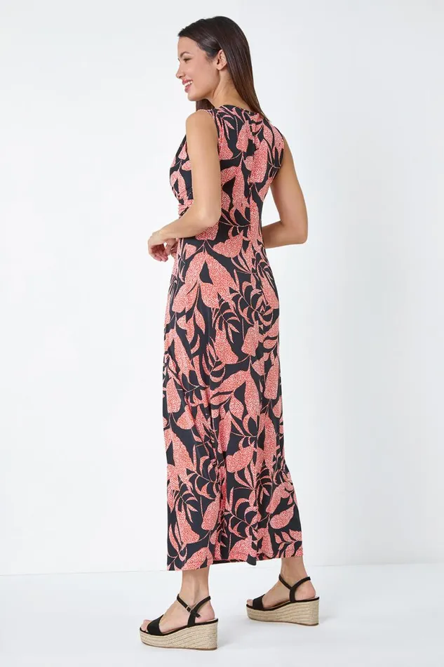 Black Sleeveless Floral Print Maxi Stretch Dress Women Roman Dresses