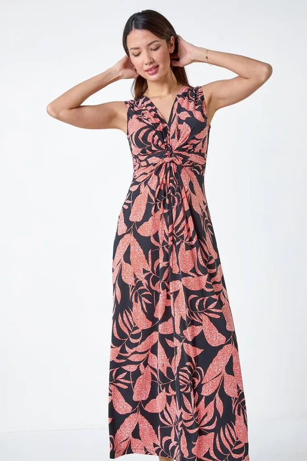 Black Sleeveless Floral Print Maxi Stretch Dress Women Roman Dresses