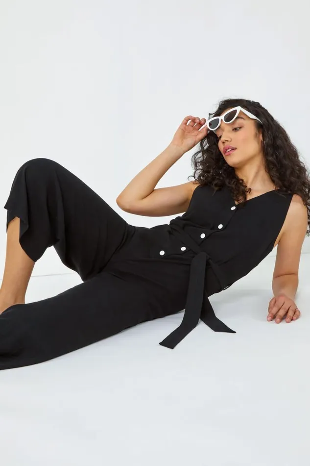 Black Sleeveless Linen Blend Jumpsuit Women Roman Dresses