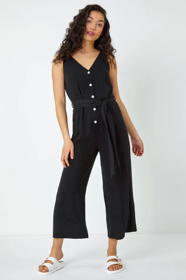 Black Sleeveless Linen Blend Jumpsuit Women Roman Dresses