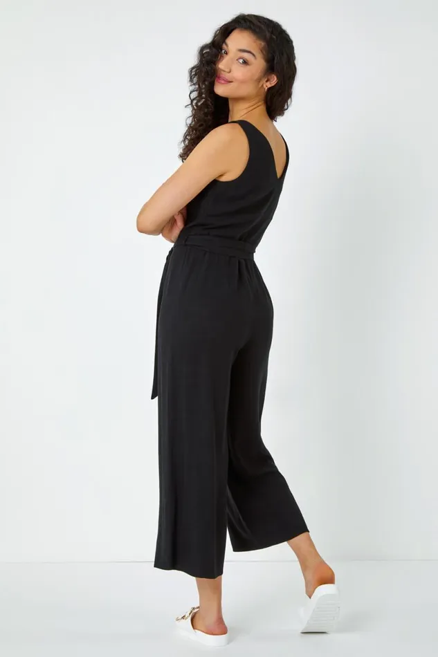 Black Sleeveless Linen Blend Jumpsuit Women Roman Dresses